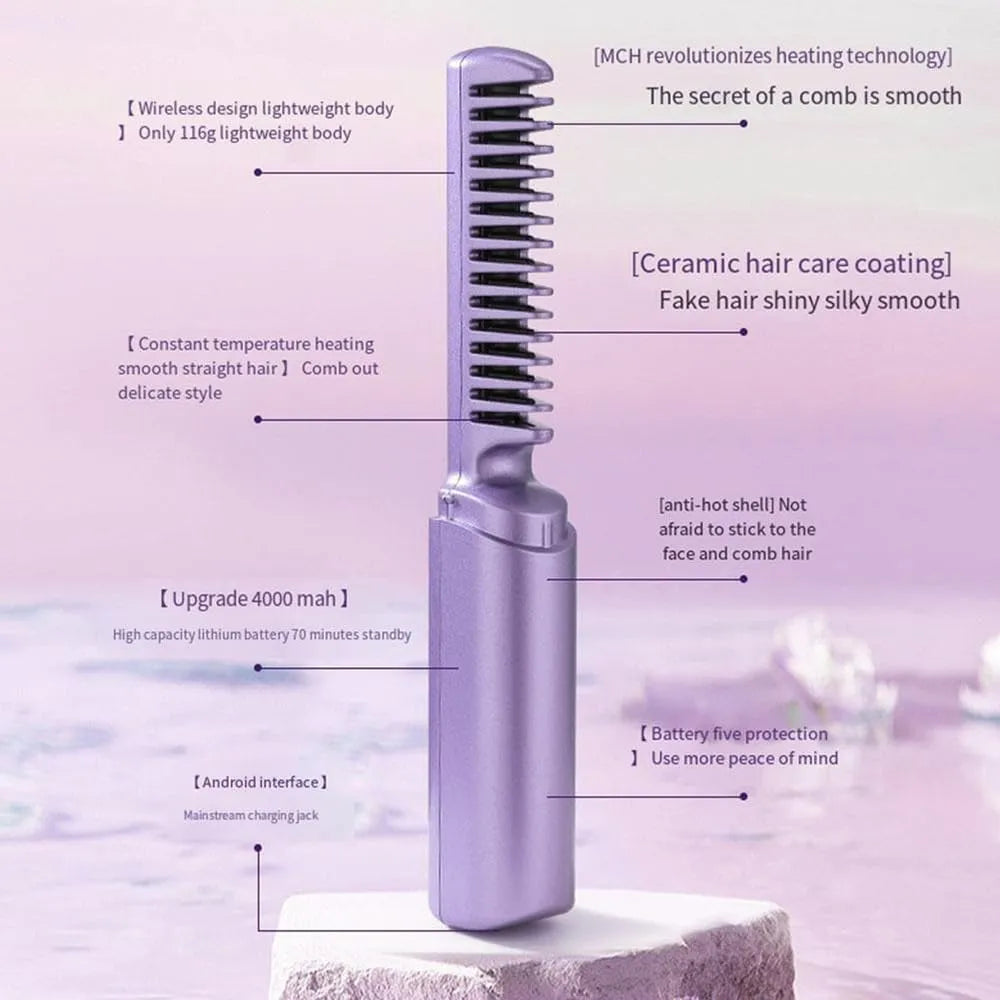 Cordless/Wireless Rechargeable Travel Comb Hair Straightener