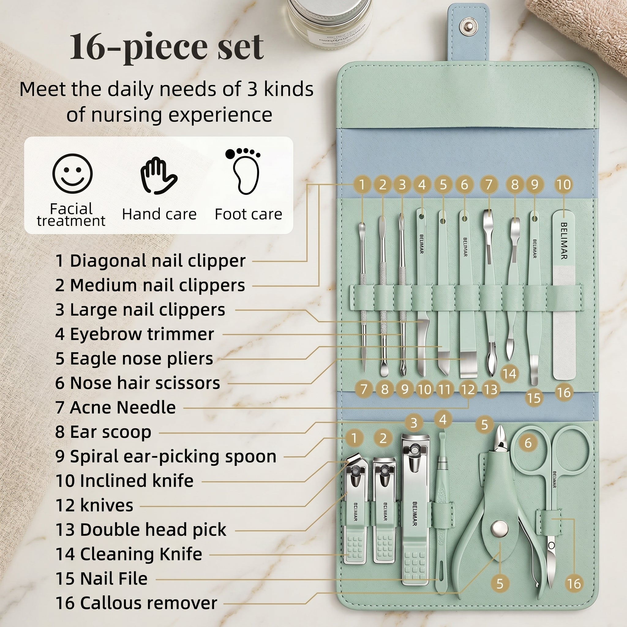 16 PCS Professional Stainless Steel Nail Clipper Manicure Pedicure Set With Leather Case