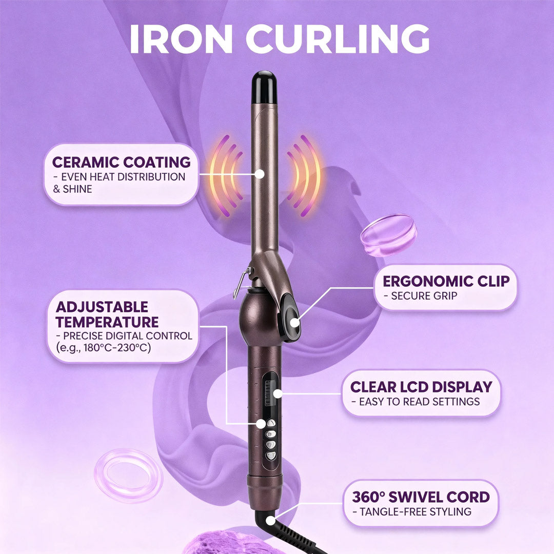 Professional Curling Iron for Shiny Frizz-Free Curls & Waves