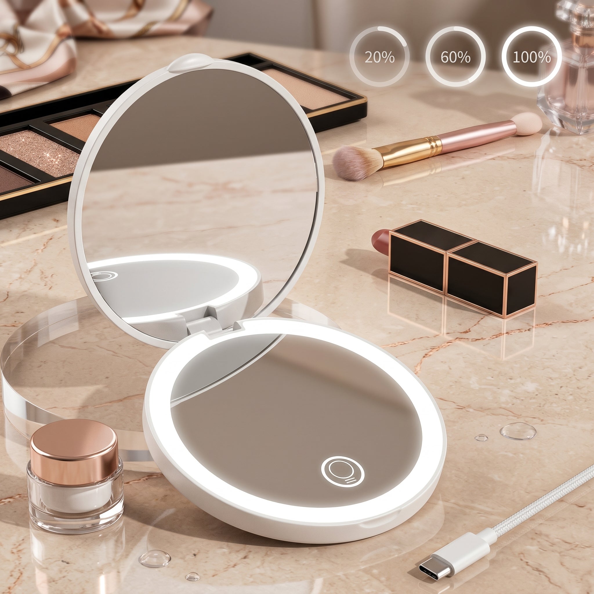 portable LED lighted compact travel mirror