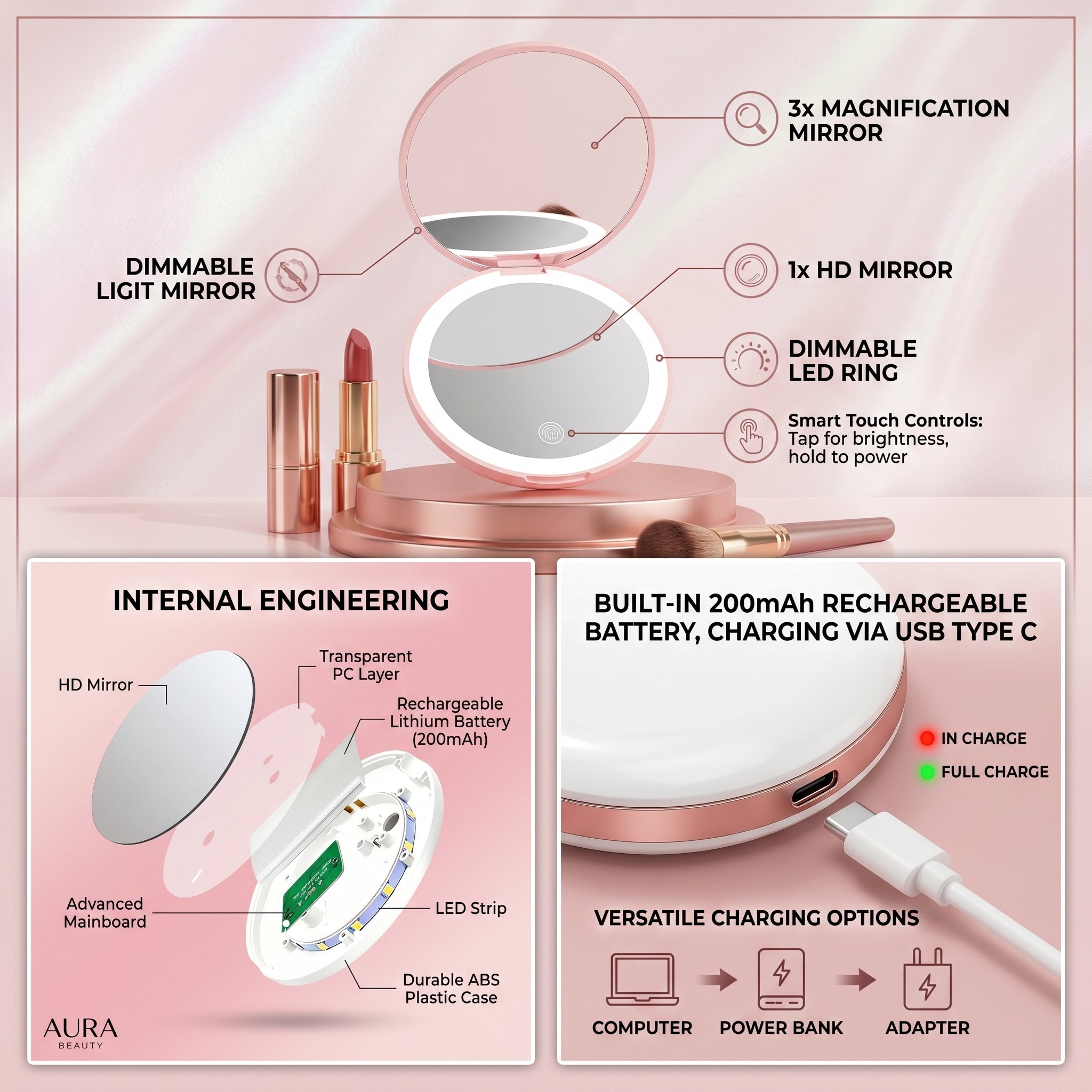 portable LED lighted compact travel mirror