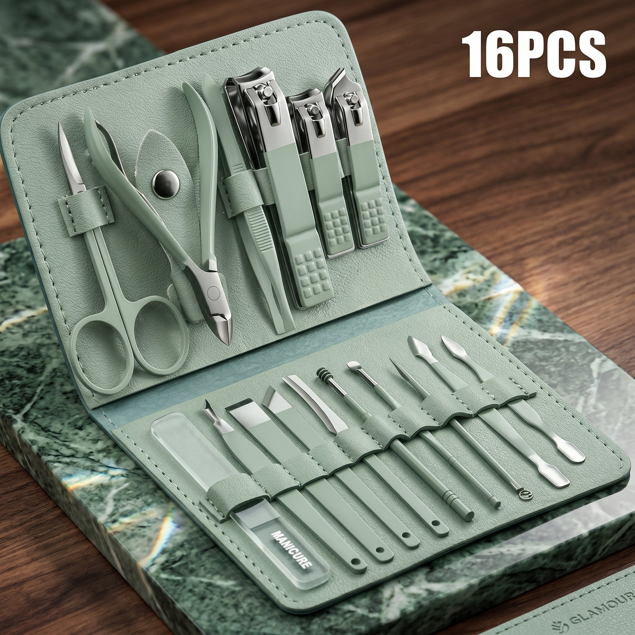 16 PCS Professional Stainless Steel Nail Clipper Manicure Pedicure Set With Leather Case