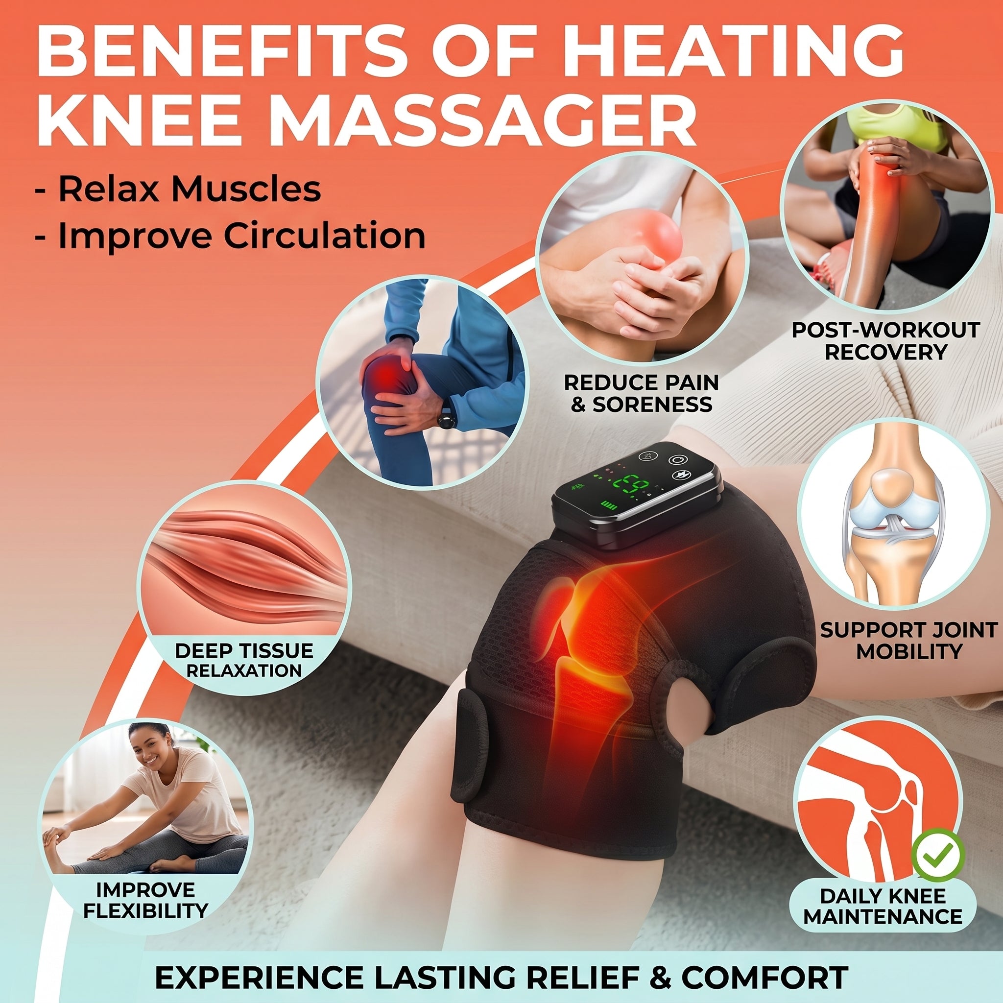 1pc Electric Knee Massager Brace - Cordless, Heat Heating Pad, 3 Adjustable Vibrations, Vibration Knee Heating Pad with Shoulder Elbow Support