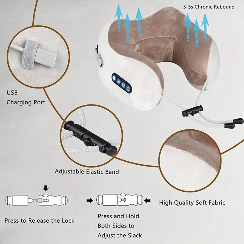 Portable Rechargeable U-Shaped Neck Massage Pillow Massager for Car, Travel & Office