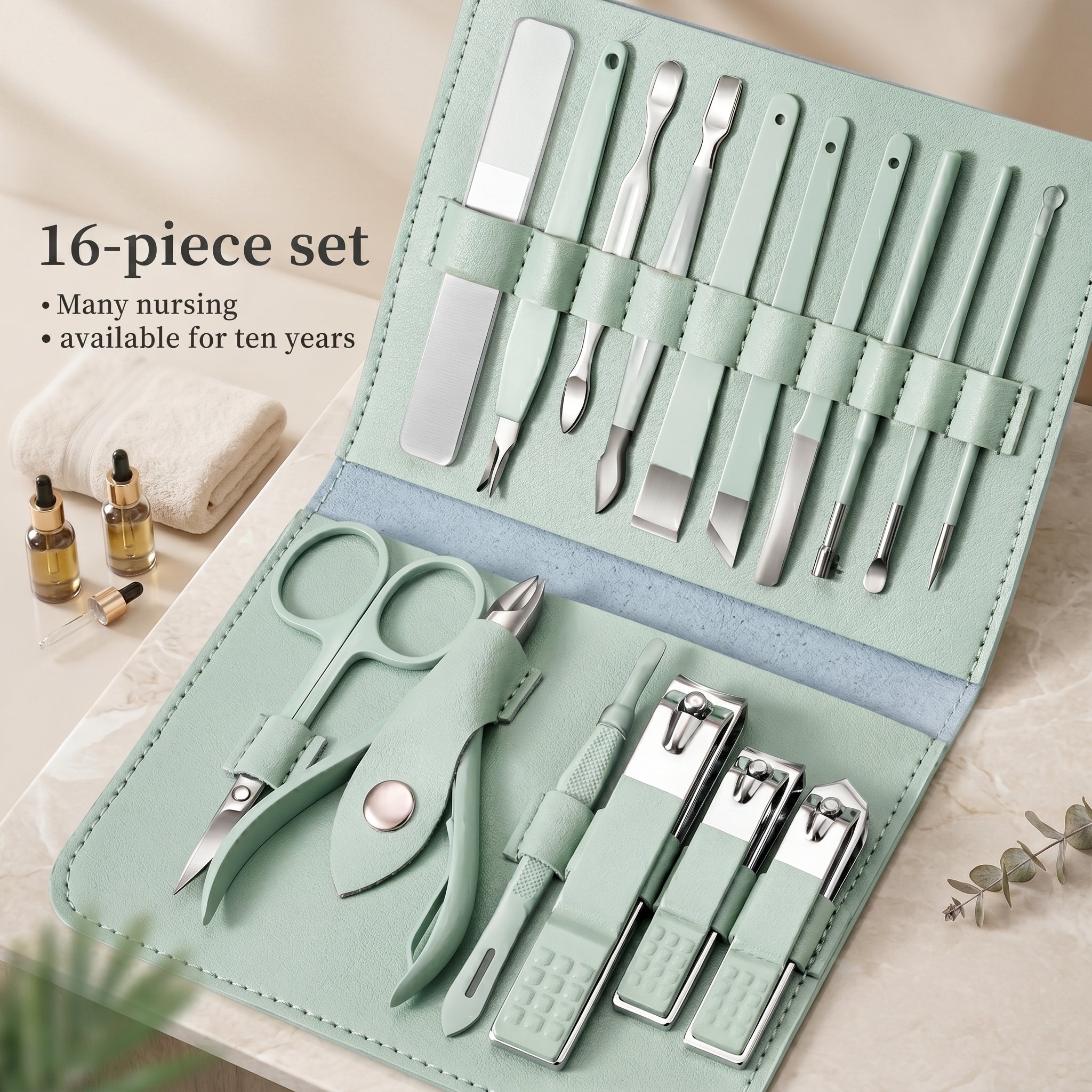 16 PCS Professional Stainless Steel Nail Clipper Manicure Pedicure Set With Leather Case